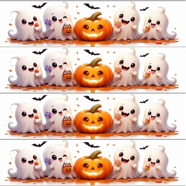 Preview: Essbares Tortenband Halloween mit niedlichen Gespenstern & Kürbissen, 4er-Set